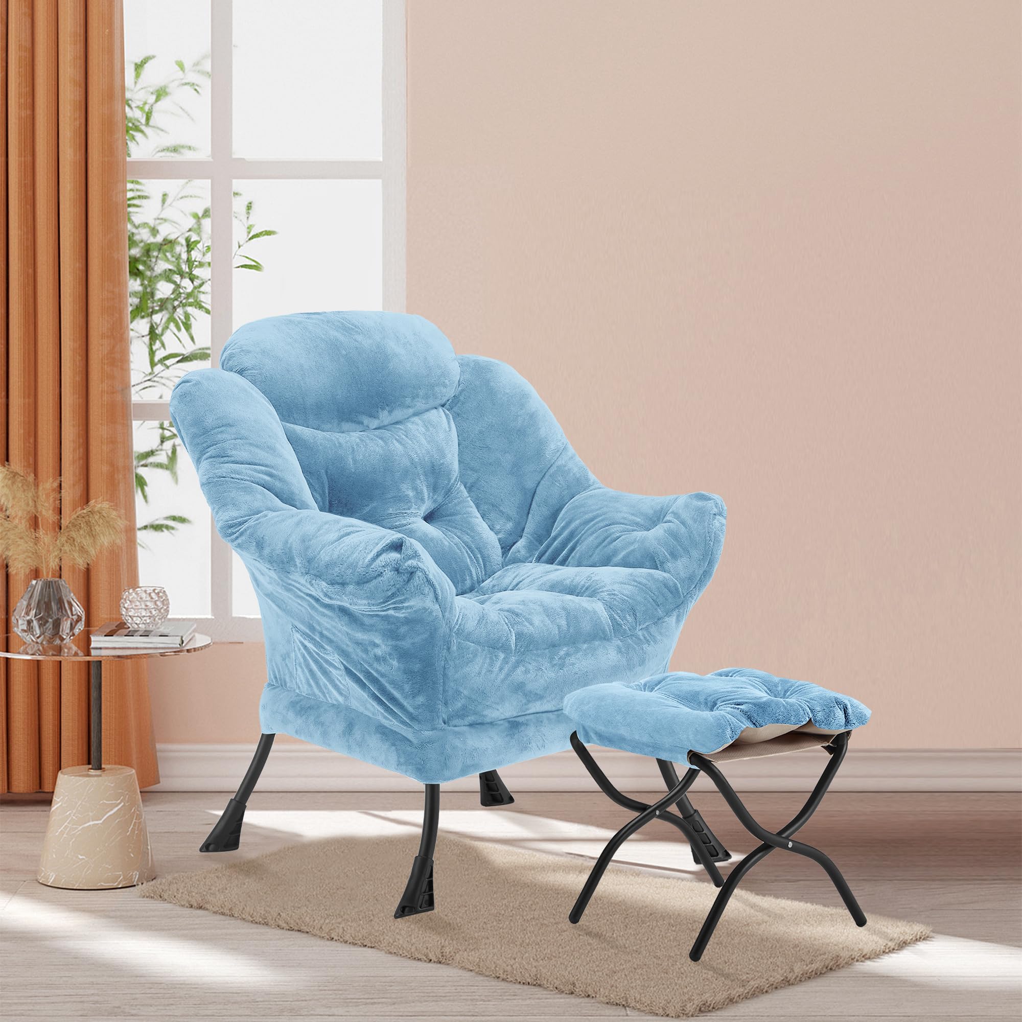 Youtanic Lazy Chair with Folding Ottoman, Accent Chair Velvet Upholstered with Metal Structure and Non-Slip Pads, Sofa Armchair with Footrest and Side Storage Bag for Dorm, Room, Office, Beige