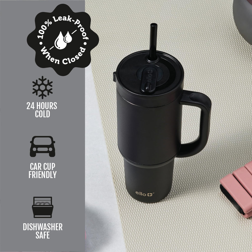 Ello Oasis 24 oz Tumbler with Handle & Retracting Straw | Reusable Insulated Stainless Steel Cup 100% Leakproof, Gifts for Teens Women Men | Keeps cold for 24 Hours, Cup Holder Friendly, Cream Tonal