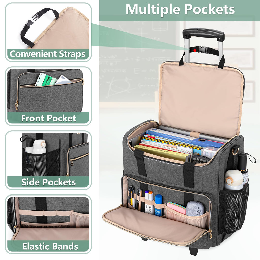 LUXJA Rolling Teacher Bag with Laptop Compartment and Detachable Dolly, Multifunctional Rolling Teacher Tote Bag (Patent Pending), Black