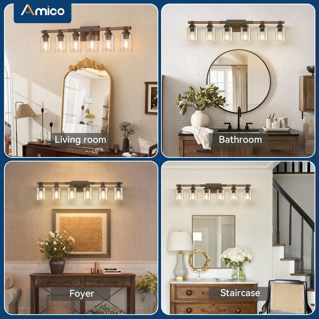 Amico 3-Light Farmhouse Vanity Light Fixture, Rustic Wood Bathroom Light Fixtures, Industrial Vintage Black Wall Sconces Lights with Bubble Glass Shade for Mirror, Bedroom, Living Room, Hallway