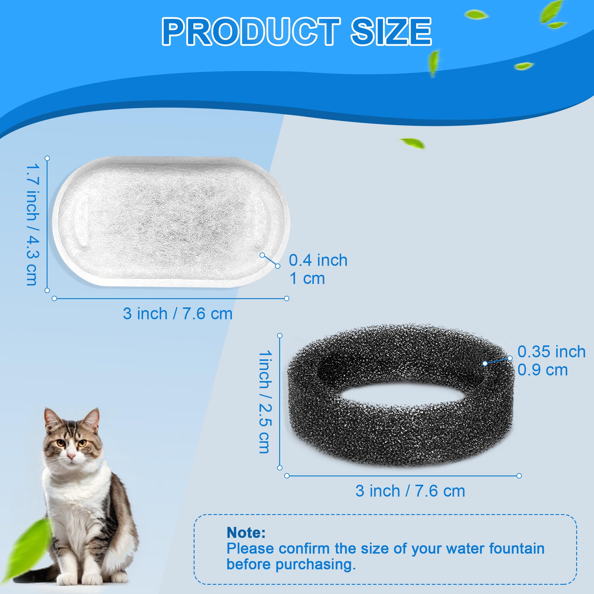 Cat Water Fountain Filters, 20Pack Cat Fountain Replacement Filters for Stainless Steel 108oz/3.2L& 67oz/2L adjustable Water Flow Pet Water Fountain,Dog Water Fountain Filters（10 Filters& 10 Sponges)