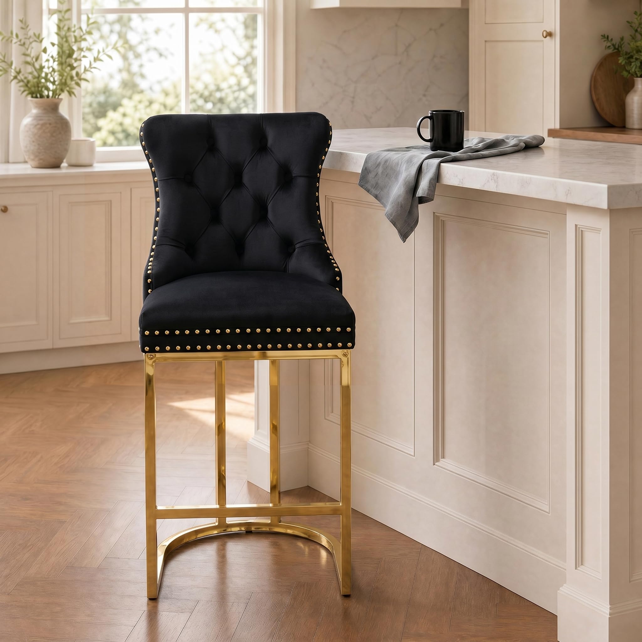 UVV Counter Height Bar Stools Set of 1, 26" Modern Barstools with Back, Velvet Upholstery Counter Chairs with Metal Legs for Kitchen Island, Bar, Counter, Beige