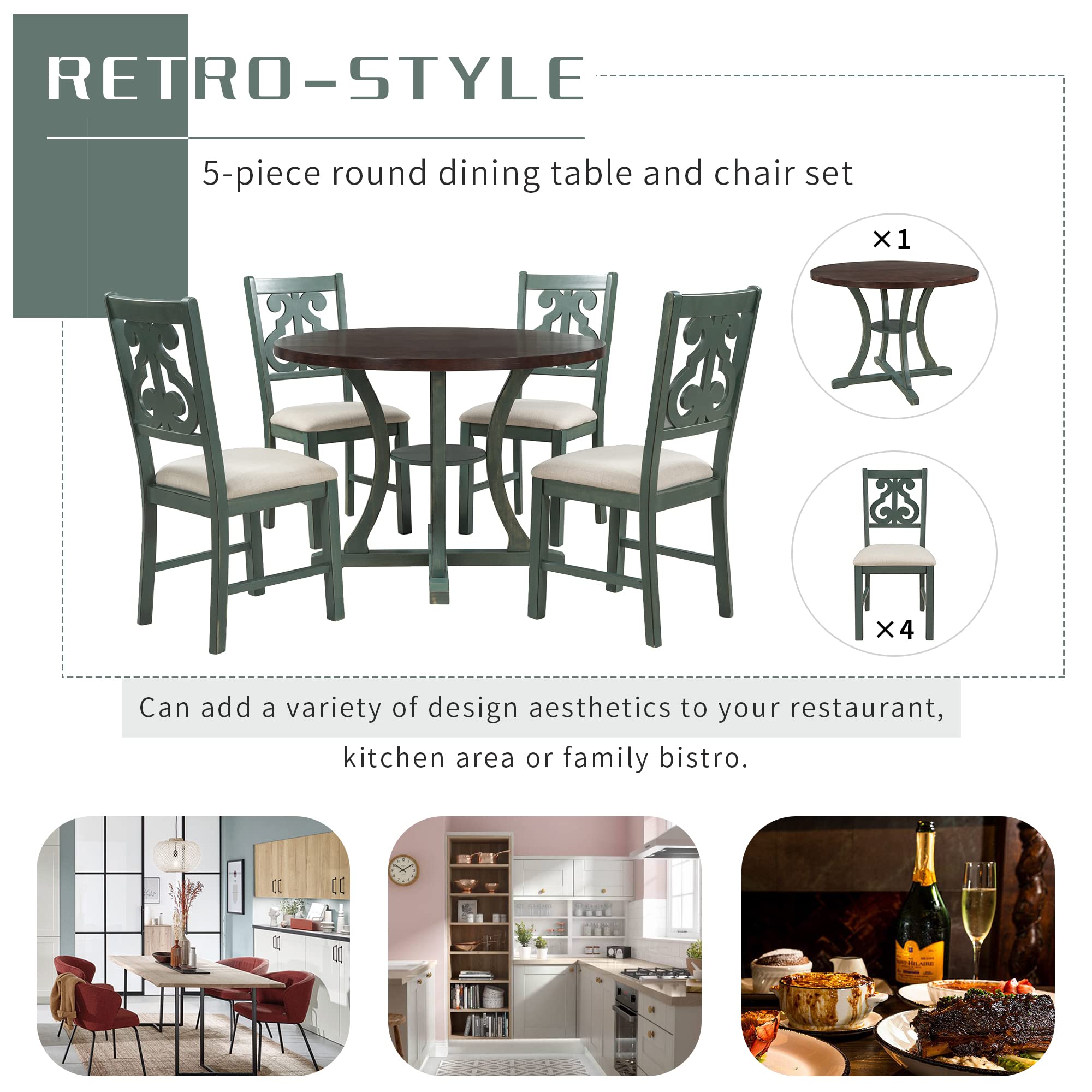 LUMISOL 5-Piece Dining Table Set for 4, Farmhouse Round Kitchen Table Set with Special Shaped Legs and 4 Upholstered Chairs for Kitchen, Dining Room, Small Space, Antique Blue