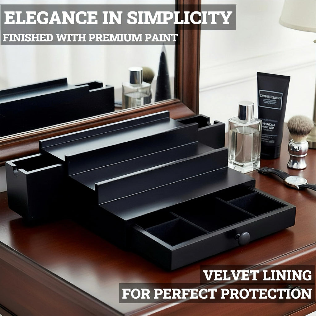 Wooden Cologne Organizer for Men 3 Tier | Black Perfume Holder Shelf for Dresser | High Grade Velvet Lining and Stylish Gift Box | Uncluttered Design Perfume Display Stand