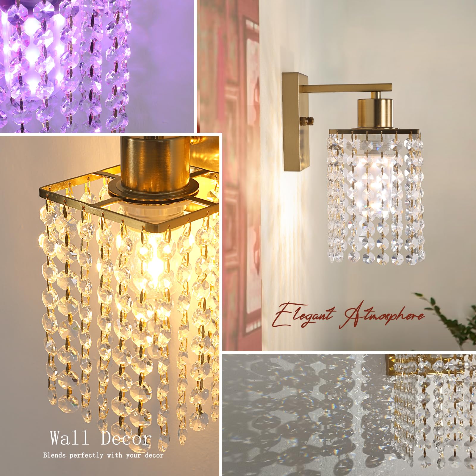 Shenmoyl Set of 2 Crystal Battery Operated Wall Sconce, Rechargeable Battery Powered Wall Lamp with Remote Control, Modern Dimmable Wall Lights for Bedroom Bathroom(Green, Gold Base)