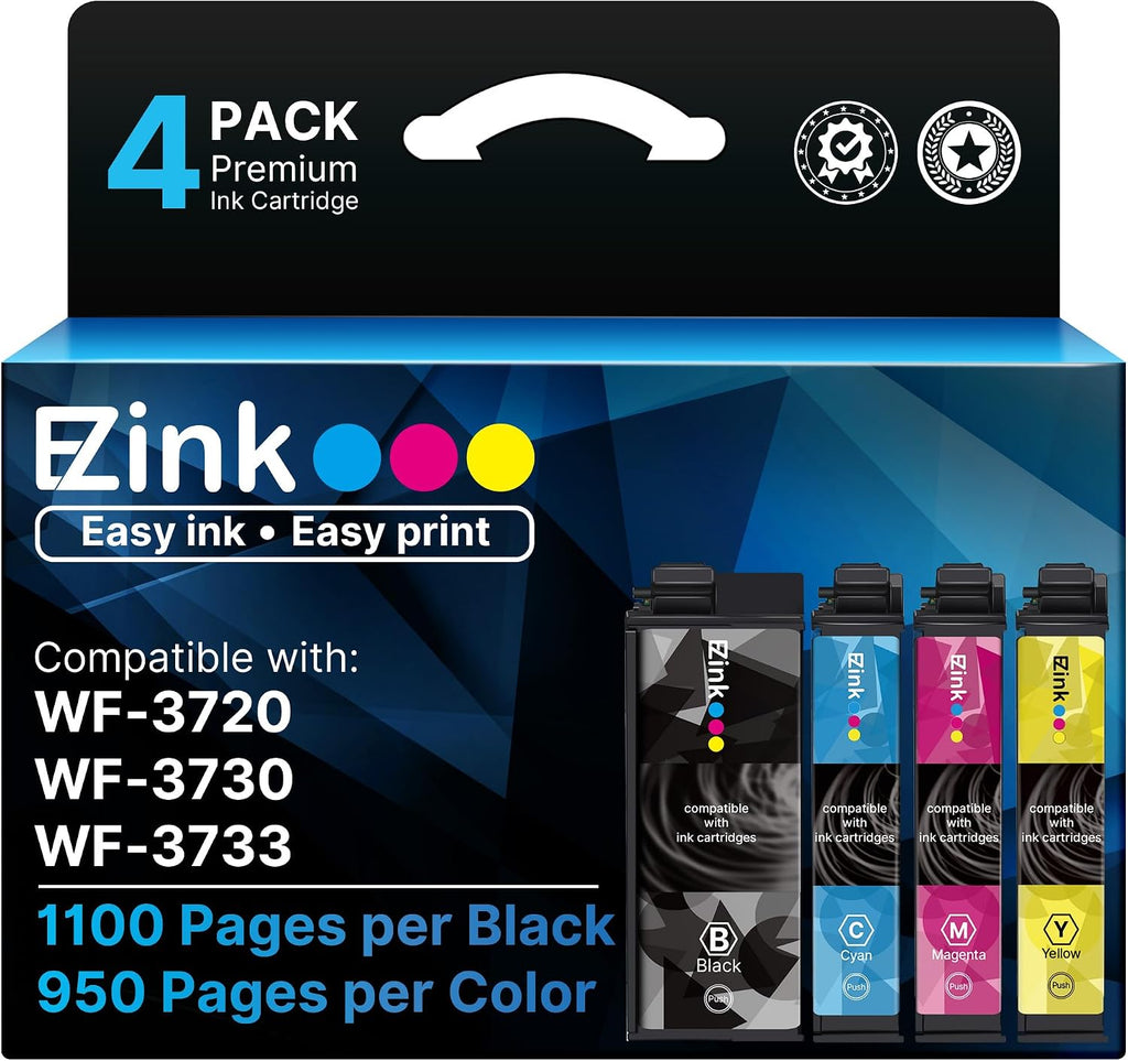 E-Z Ink Remanufactured Ink Cartridge Replacement for 702XL Combo Pack for Epson Printer Workforce Pro WF-3720 WF-3730 WF-3733 (1 Large Black, 1 Cyan, 1 Magenta, 1 Yellow, 4 Pack)