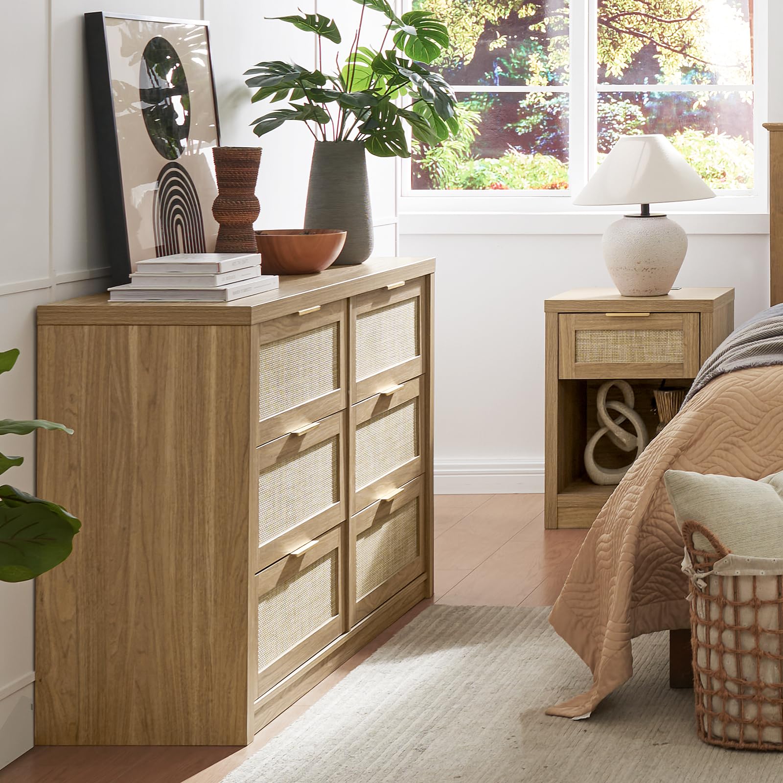 OAKHAM HOME Nightstand Set of 2 Farmhouse Bedside Tables with Drawer and Storage Shelf Modern Boho End Side Tables for Bedroom Sofa, Light Oak