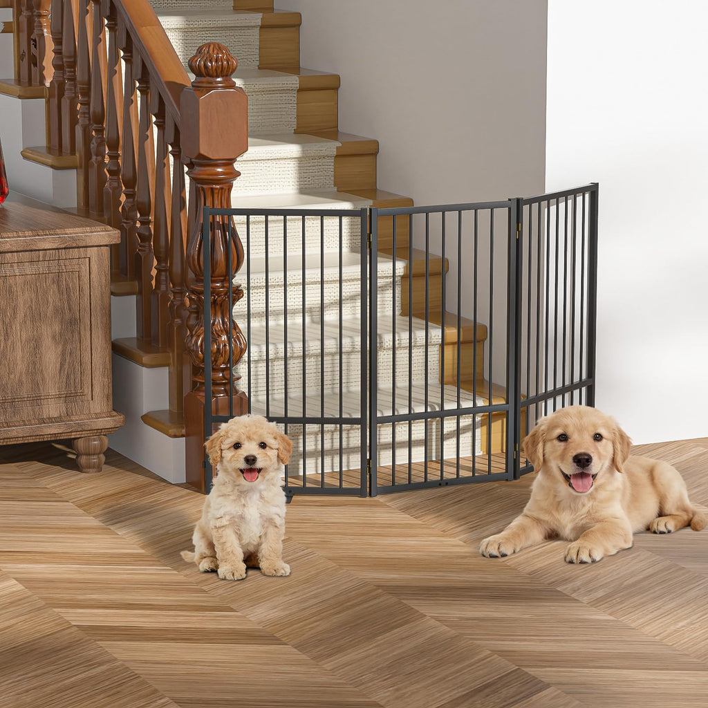 SNUOWU Full Metal Freestanding Dog Gate with Door, 24'' Height Foldable Pet Dog Fence for Indoor & Outdoor, 2 Panels Extra Wide Free Standing SmallDog Gates for Doorways,House,Stairs,Porch,Deck,Yard