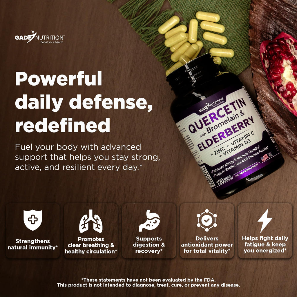 Gade Nutrition Quercetin with Bromelain Elderberry Vitamin C and Zinc | Sambucus Immune Support Supplement 500mg Capsules | Gluten-Free | Made in USA | 2 Month Supply Third Party Tested