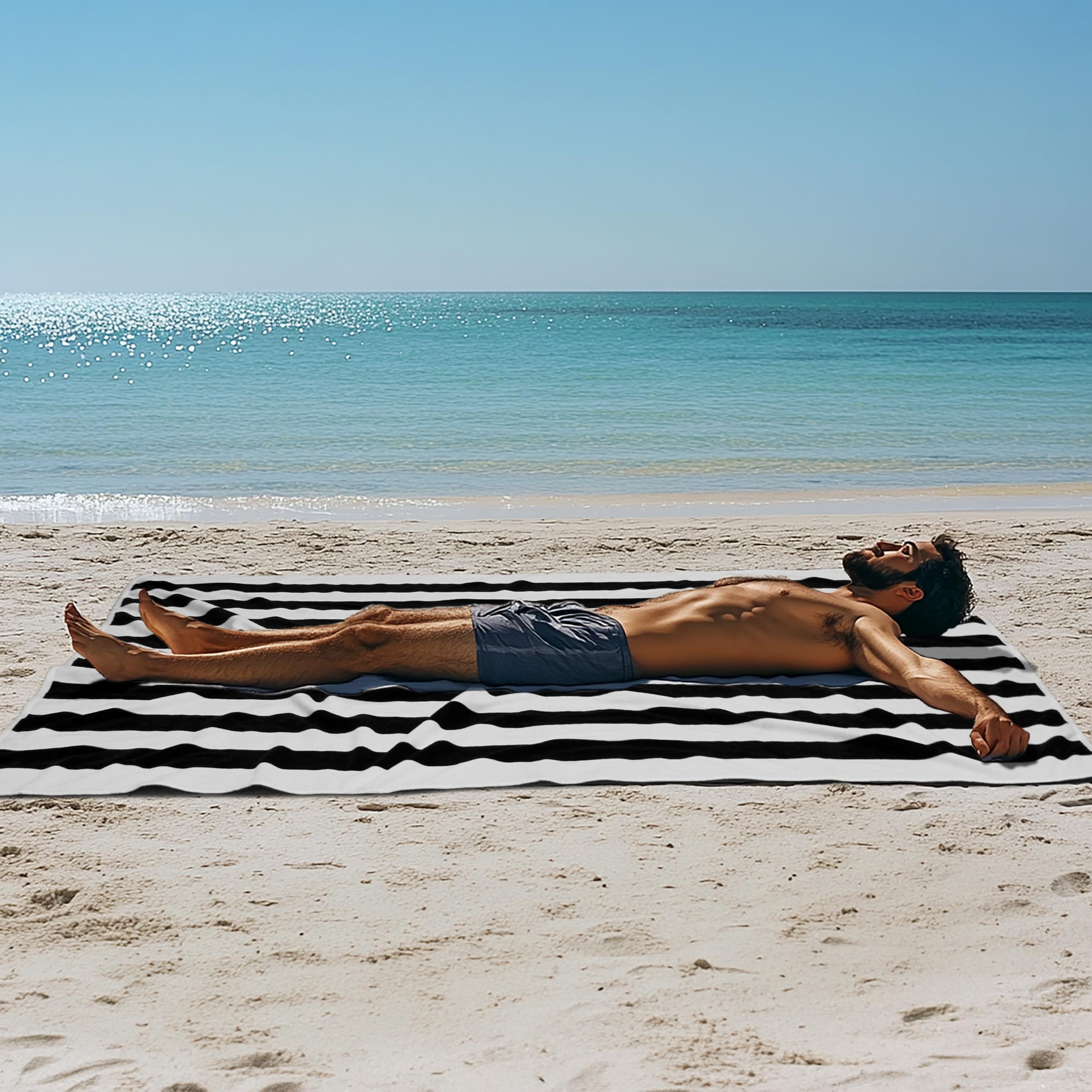 COTTON CRAFT Ombre Stripe Extra Wide Beach Towel for Two - 58x68 - Pure Cotton - Double Woven Jacquard Thick Plush Super Soft Luxurious Velour Pile - Pool Picnic Bath - 450 GSM - Blue