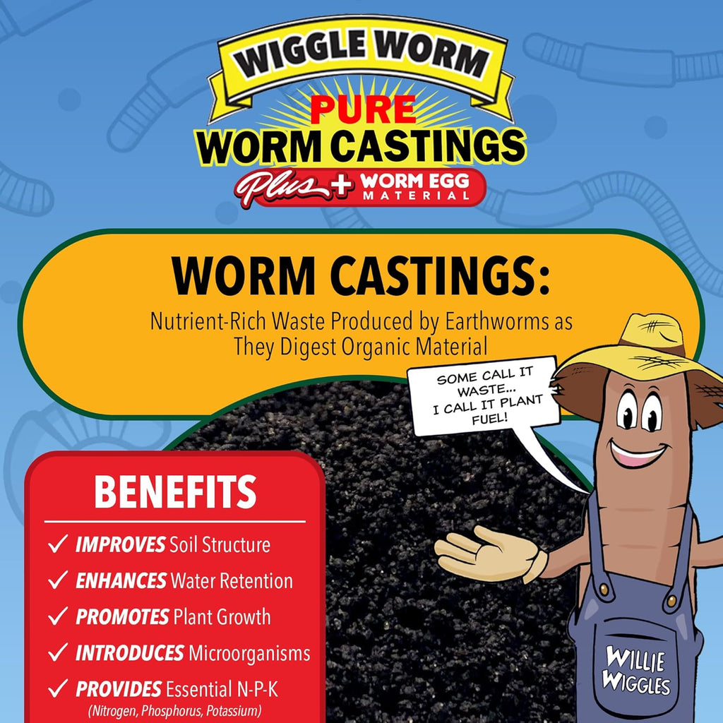 Wiggle Worm 100% Pure Worm Castings Plus Worm Egg Material, 40lbs - Fertilizer and Soil Amendment for Indoor and Outdoor Gardening to Improve Soil Fertility and Aeration - 100% Organic and Odor Free