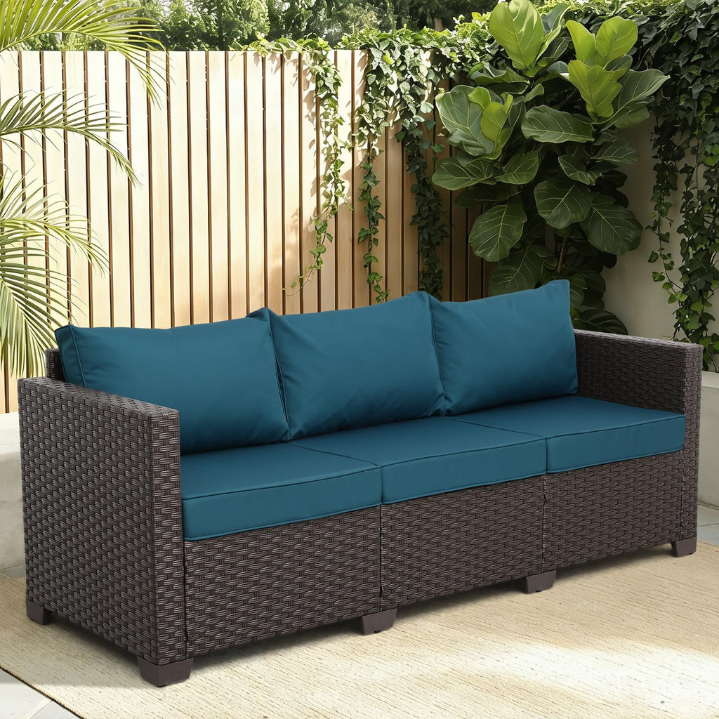 WAROOM Patio Couch PE Rattan 3-Seat Outdoor Sofa Brown Wicker Furniture Set Deep Seating with Anti-Slip Beige Cushion