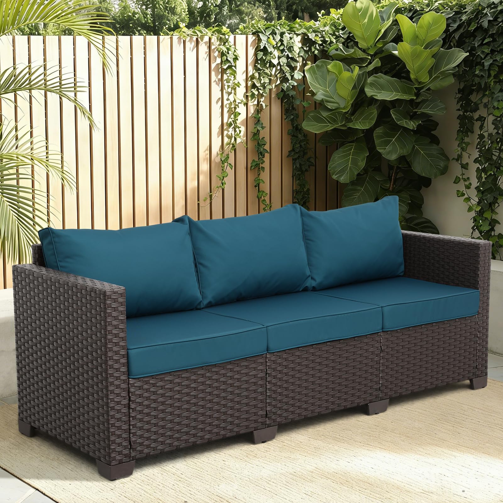 WAROOM Patio Couch PE Rattan 3-Seat Outdoor Sofa Brown Wicker Furniture Set Deep Seating with Anti-Slip Beige Cushion