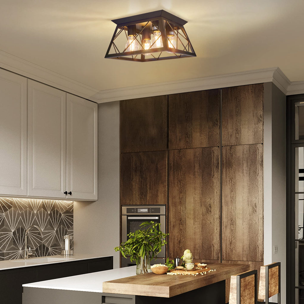 FadimiKoo 2-Light Black Flush Mount Ceiling Light Fixture, Industrial Hallway Light Fixtures Ceiling Mount for Farmhouse Kitchen, Square Cage Ceiling Lamp for Dining Room, Living Room, Entryway