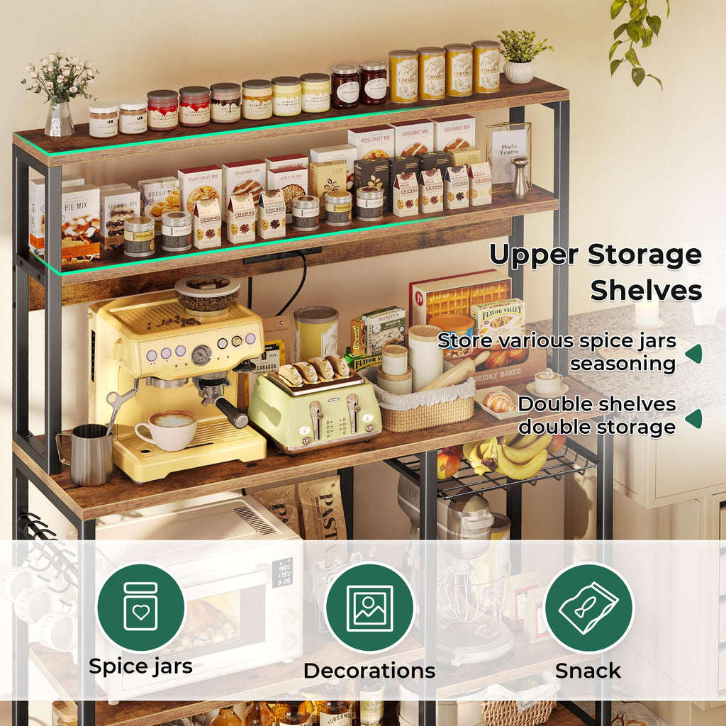 SUPERJARE Bakers Rack with Power Outlet, 35.4 Inches Coffee Bar with Wire Basket, Kitchen Microwave Stand with 6 S-Shaped Hooks, Open Storage Shelves, Black