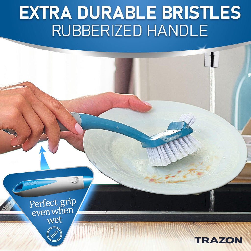 Dish Brush Set of 5 with Holder - Kitchen Scrub Brushes with Non-Slip Long Handle for Cleaning, Scrubber, Dishwashing, Dishes, Bottles, Straws, Cups, Pots & Sink, Baige
