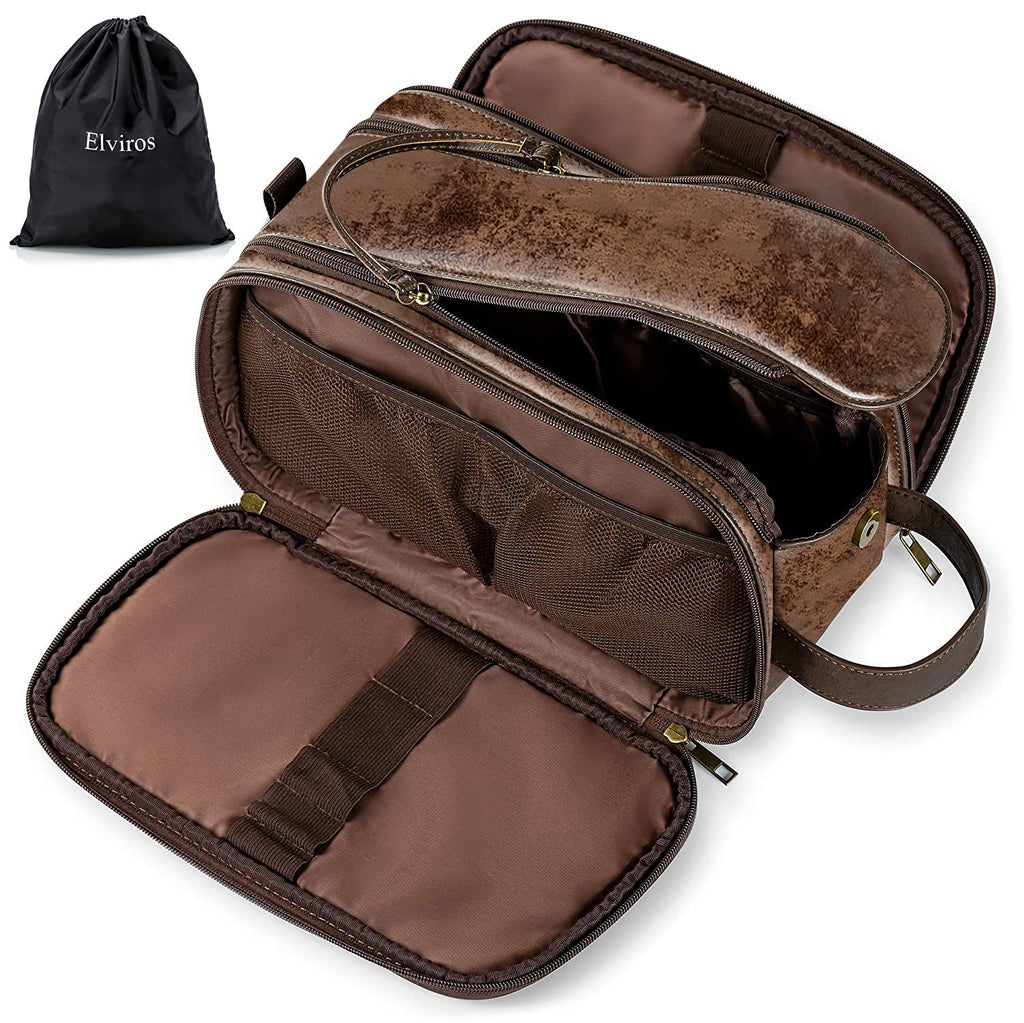 Elviros Travel Toiletry Bag for Men, Shaving Dopp Kit Water-resistant Bathroom Small Toiletries Organizer PU Leather Cosmetic Bags