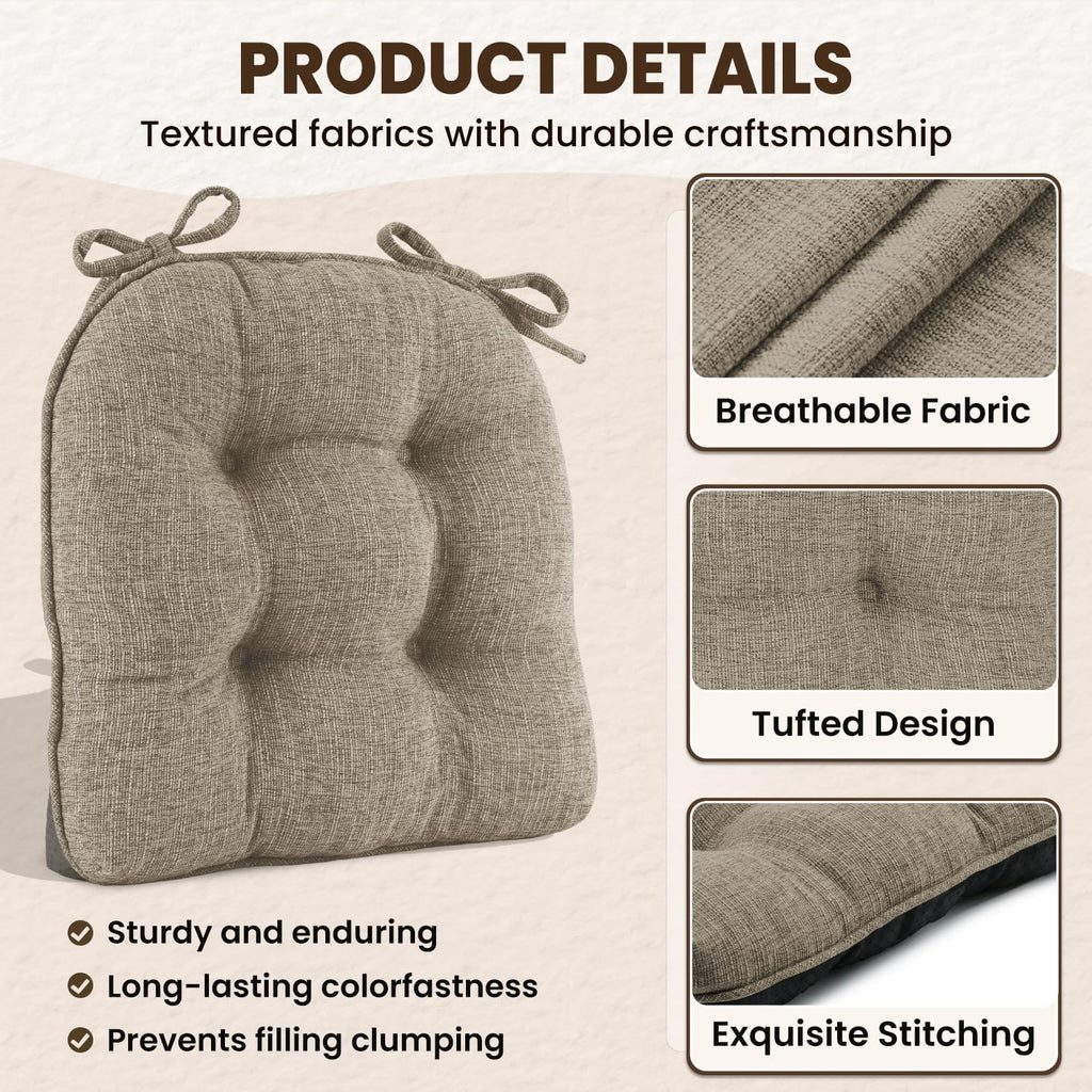 downluxe Indoor Chair Cushions for Dining Chairs, Tufted Overstuffed Textured Kitchen Chair Pads with Ties and Non-Slip Backing, 15.5" x 15.5" x 4", Aqua Blue, 4 Pack