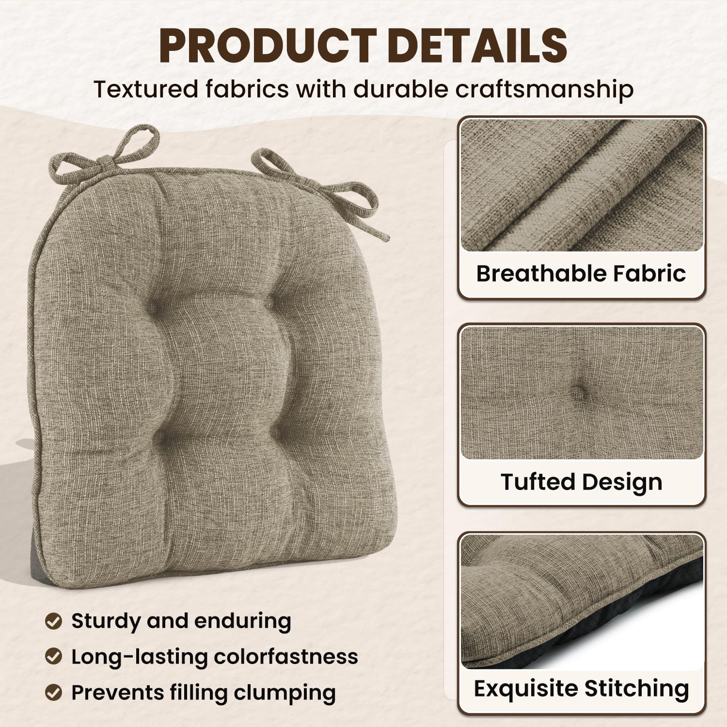 downluxe Indoor Chair Cushions for Dining Chairs, Tufted Overstuffed Textured Kitchen Chair Pads with Ties and Non-Slip Backing, 15.5" x 15.5" x 4", Aqua Blue, 4 Pack