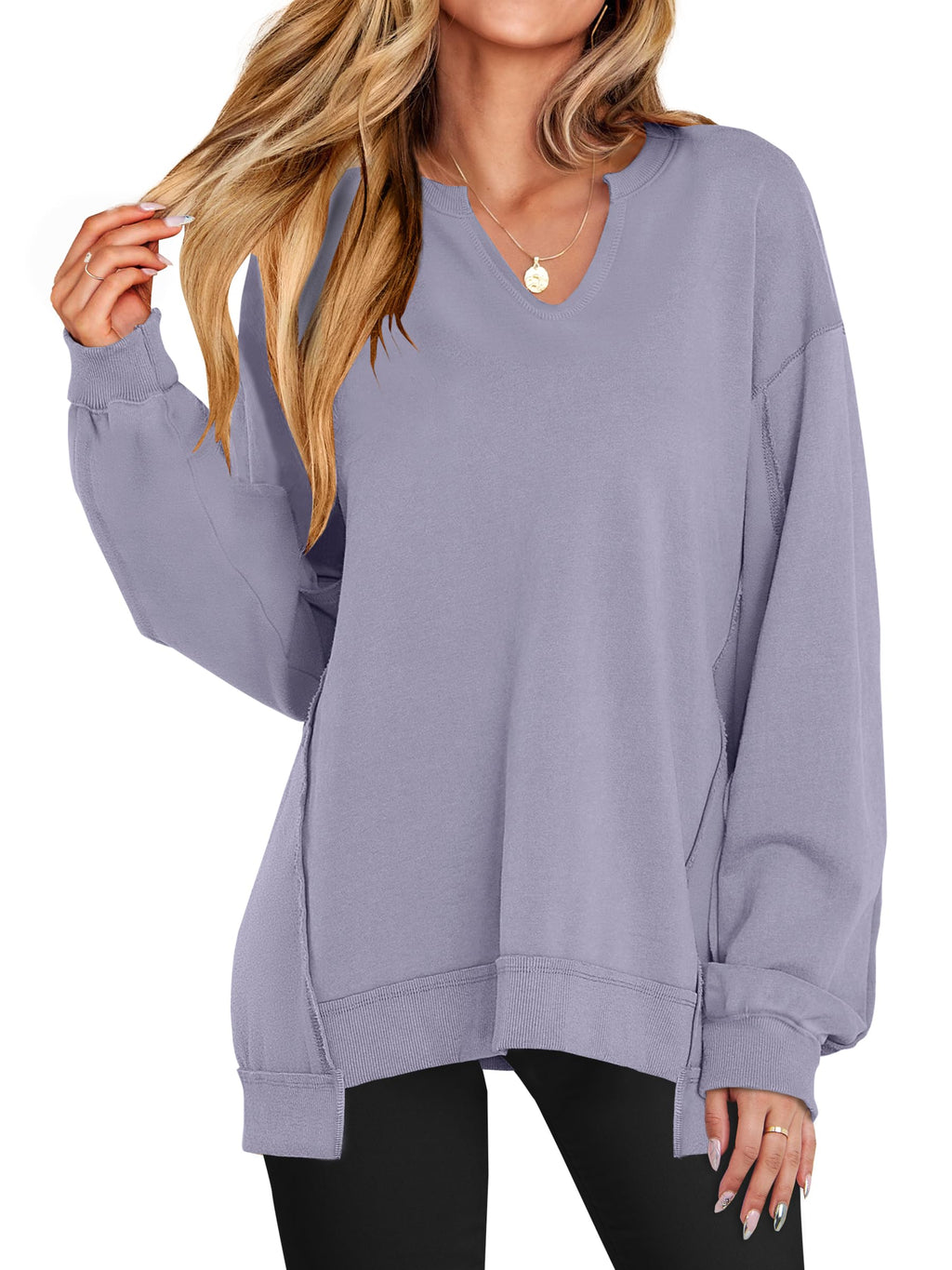 ANRABESS Women's Long Sleeve V-Neck Oversized Sweatshirts | Soft Lightweight Loose Fit Pullover Tops, Casual School Workout Office Tunic Shirts, Teen Girls Outfit, Fall Winter Clothes