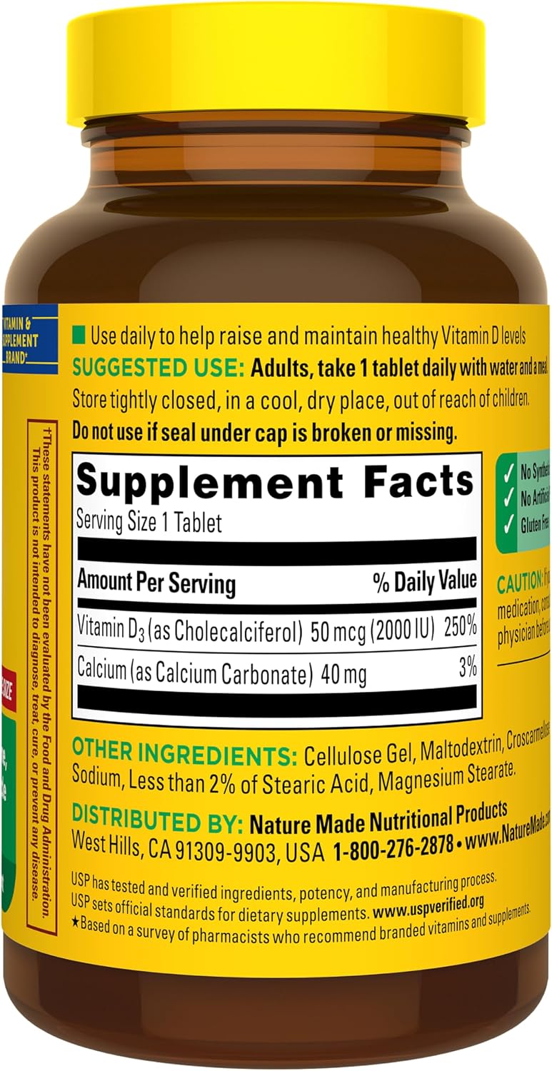Nature Made Vitamin D3 2000 IU (50 mcg), Vitamin D Supplement for Bone, Muscle and Immune Health Support, 220 Tablets