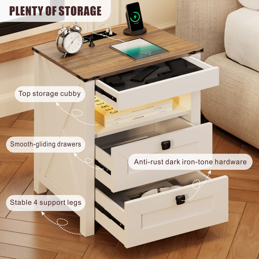 TAGELIER Farmhous Nightstand with Gun Drawer,Bedside Table with Charging Station, Gun Night Stand with LED Light & Human Sensor,Smart End Table for Bedroom, Black