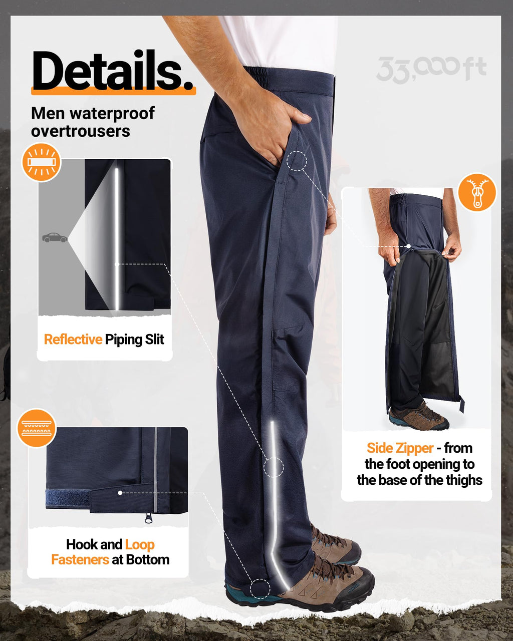 33,000ft Men's Rain Pants Full Zip Waterproof Pants Breathable Rain Over Trousers for Outdoor Hiking Golf Work
