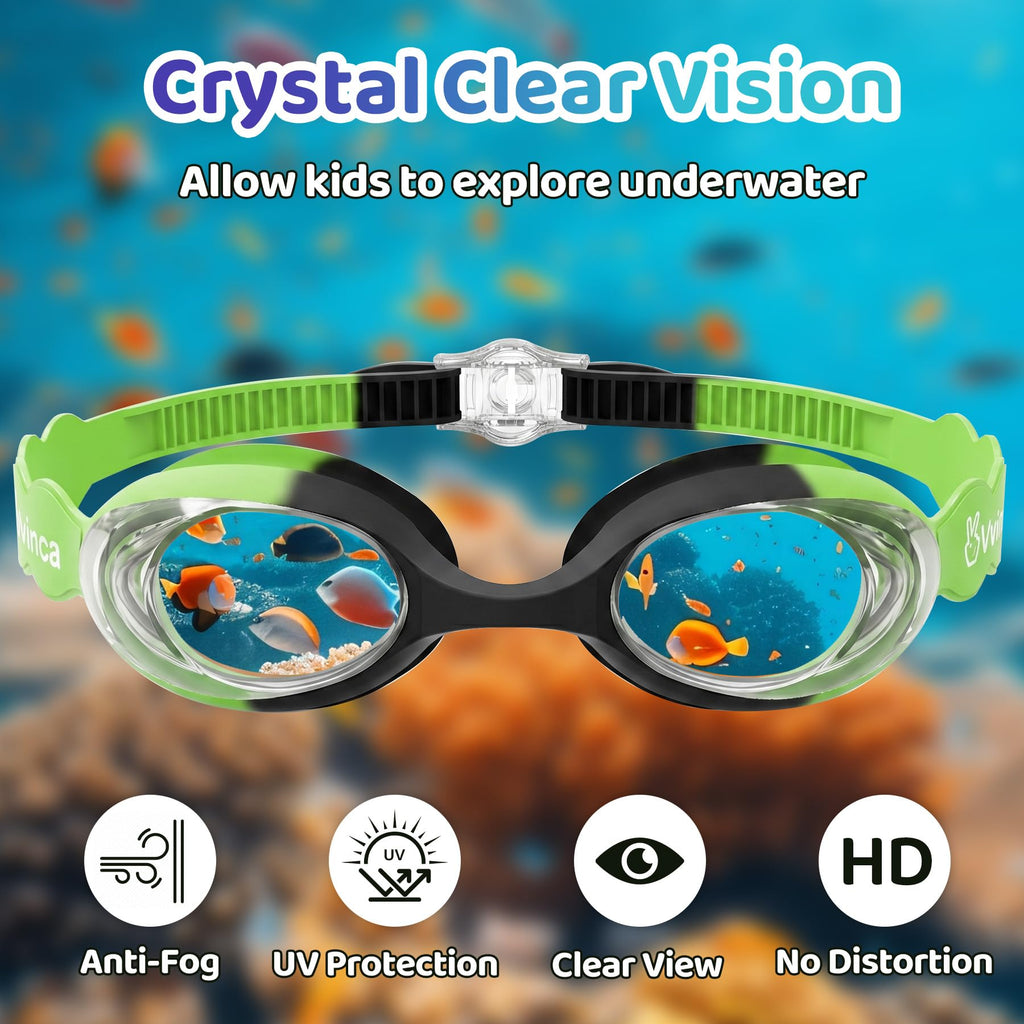 Vvinca Kids Swim Goggles with Fabric Strap No Tangle Pain-Free, Anti-Fog Swimming Pool Goggle No Leak for Toddlers Girls Boys