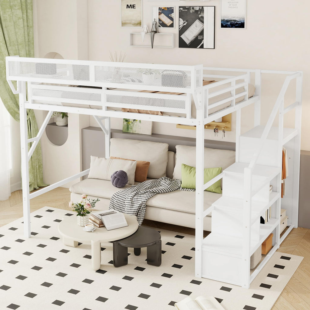 Mirightone Full Size Loft Bed with Stairs, Metal Loft Beds, High Loft Bed Frame with Storage Shelves, Lofted Full Bed with Wardrobe for Kids and Teens, No Box Spring Needed (Black)
