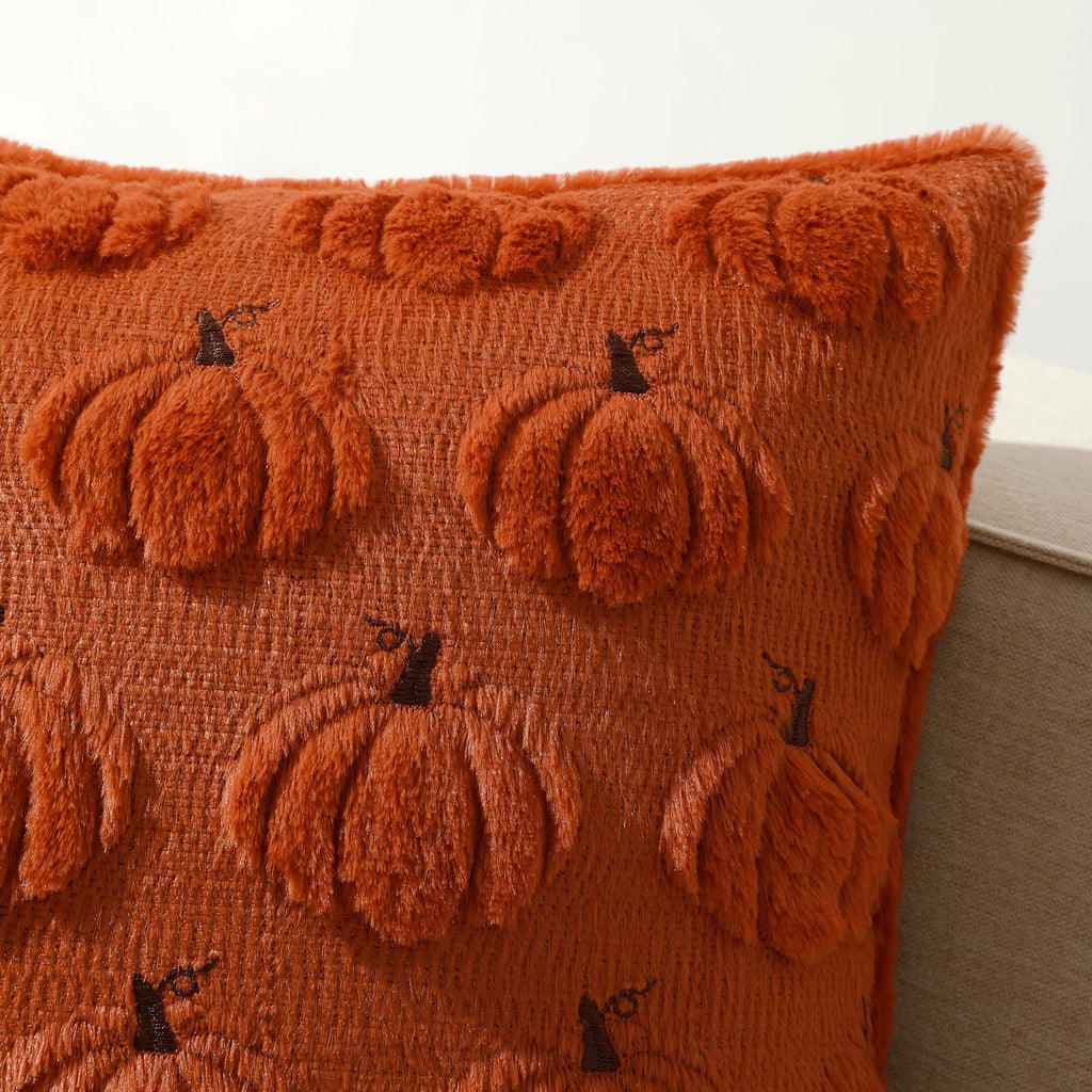 Fall Beige Pillow Covers 18x18 Set of 2 Double-Sided Pumpkin Plush | Boho farmhouse comfort with raised Autumn pumpkin embroidery, designed for living rooms, sofas, and cozy fall home decor.