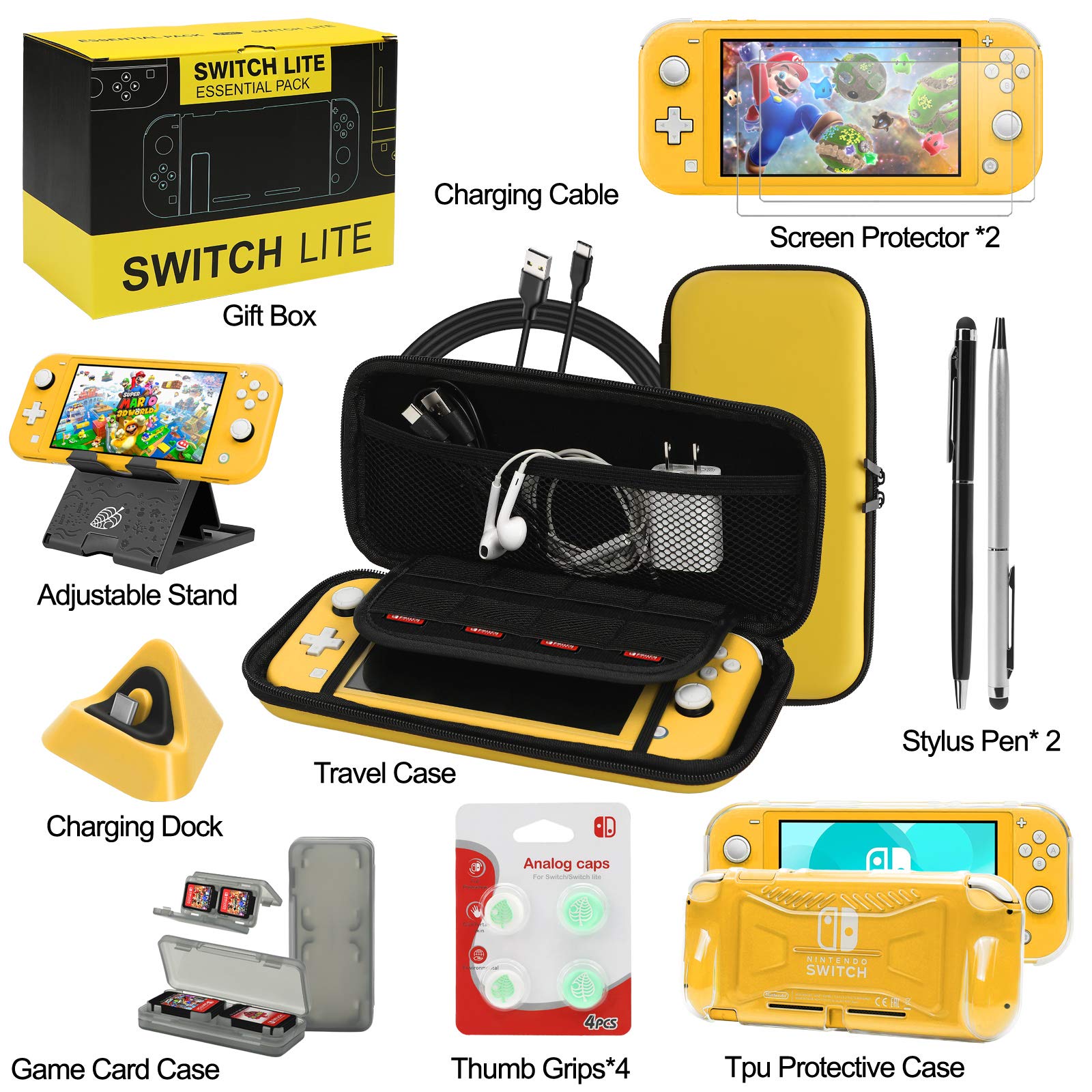 Switch Lite Accessories Bundle, Kit with Carrying Case,TPU Case Cover with Screen Protector,Charging Dock,Playstand, Game Card Case, USB Cable, Stylus,Thumb Grip Caps for Nintendo Switch Lite (Black)