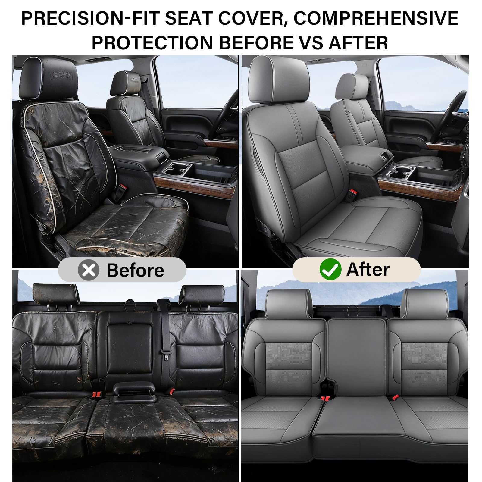 Coverado Chevy Silverado Seat Covers, Faux Leather Seat Covers Fit for Chevy Silverado GMC Sierra 2007-2025 1500, 2015-2025 2500HD 3500HD Crew Double Extended Cab (Front, Black)