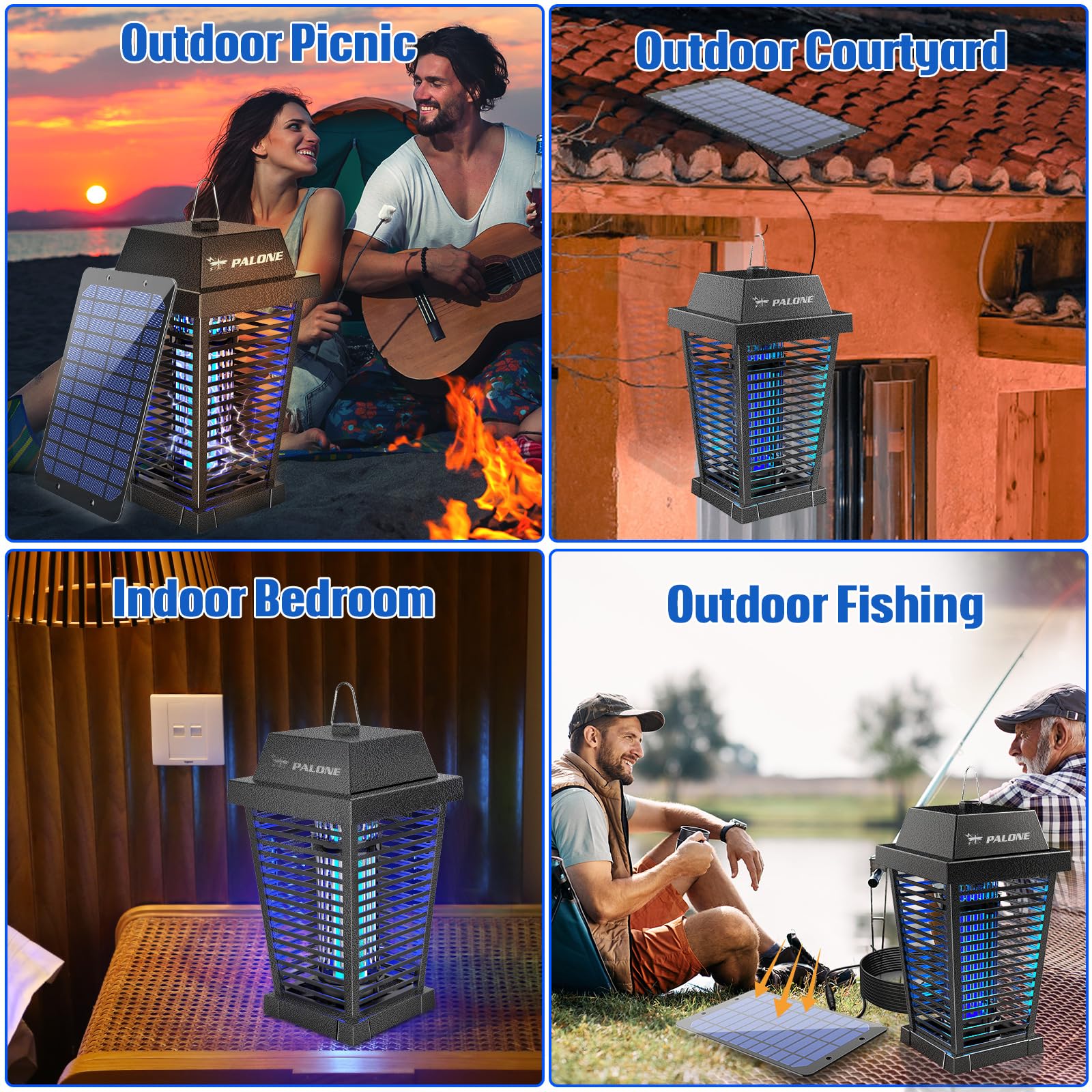 PALONE Bug Zapper with 4500V, USB-C and Solar Panel Dual Charging, Waterproof Bug Zapper with 7.5W Solar Charging Panel, Suitable for Camping Outdoor