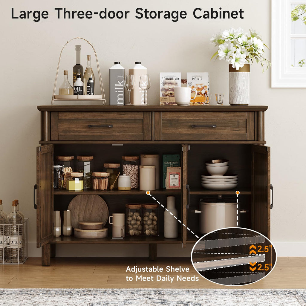 ONBRILL 48 Inches Buffet Cabinet with Storage, Farmhouse Sideboard Buffet w/2 Drawers and 3 Doors, Wood Coffee Bar Cabinet with Adjustable Shelves, Sideboard Storage for Kitchen, Living Room, Black