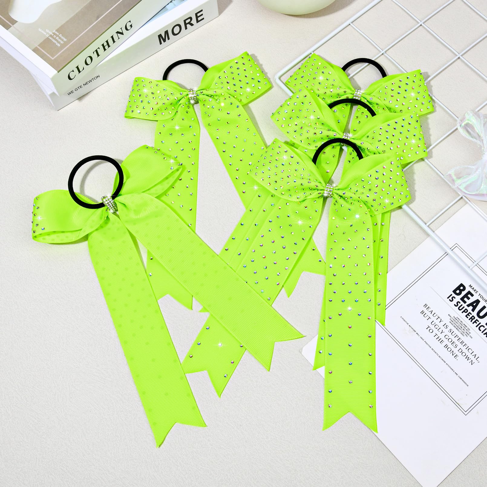 DEEKA 12 Count Collegiate Style Cheer Bows, Forest Green with Rhinestones, Handmade Bows for Girls Teens Cheerleader Sports