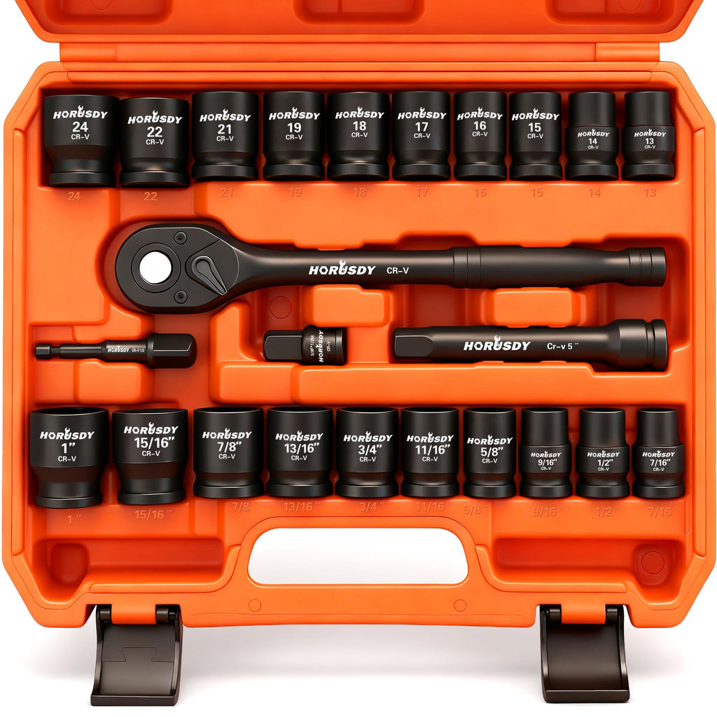 HORUSDY 1/2" Drive Shallow Impact Socket Set, 24-Piece SAE (7/16"-1") and Metric (13-24mm), 6 Point, Cr-V, Includes 1/2-Inch Drive Ratchet Handle, Drive Extension Bar