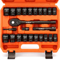 HORUSDY 1/2" Drive Shallow Impact Socket Set, 24-Piece SAE (7/16"-1") and Metric (13-24mm), 6 Point, Cr-V, Includes 1/2-Inch Drive Ratchet Handle, Drive Extension Bar