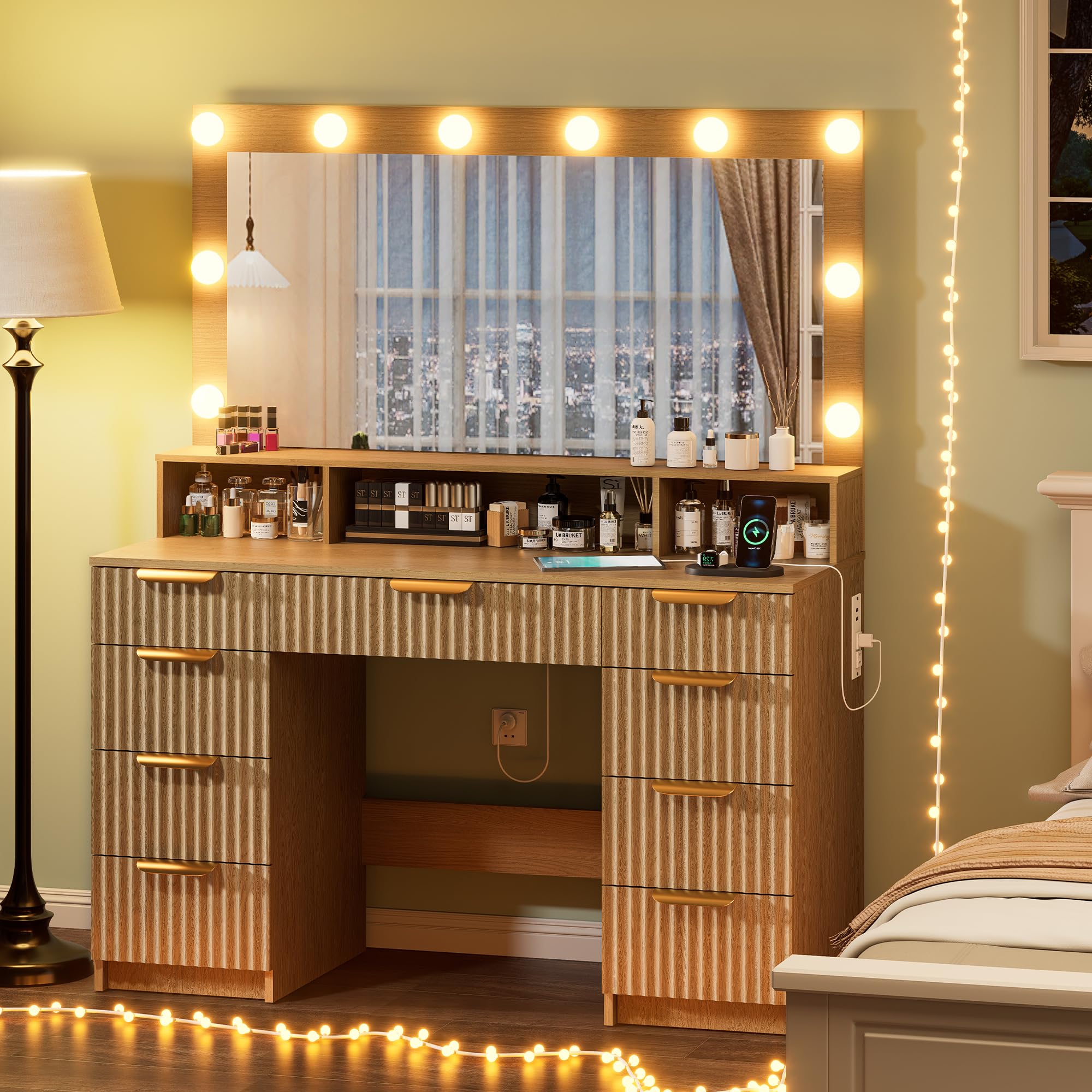 Vanity Desk with Lighted Mirror, Black Vanity with 4 Drawers,Makeup Vanity with Storage Shelves and Power Outlet,10 Lights with 3 Color Modes Brightness Adjustable for Girls’ Bedroom (Black)