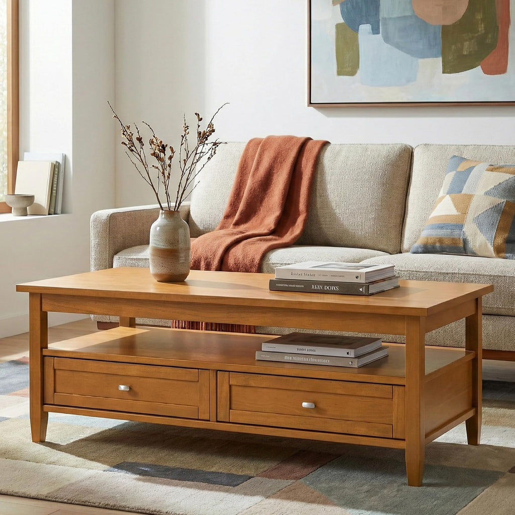 SIMPLIHOME Warm Shaker Coffee Table - 48 inch Wide Solid Wood Coffee Table in Black, Transitional Living Room Table with 2 Drawers, Open Shelf, Shaker Fronts and Tapered Legs