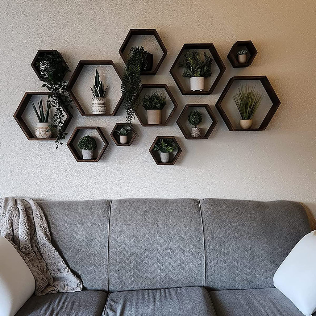 WONFUlity Hexagon Shelves for Wall Mounted, Wood Farmhouse Storage Honeycomb Floating Shelves for Wall Decor,Screws Anchors Included,5pc