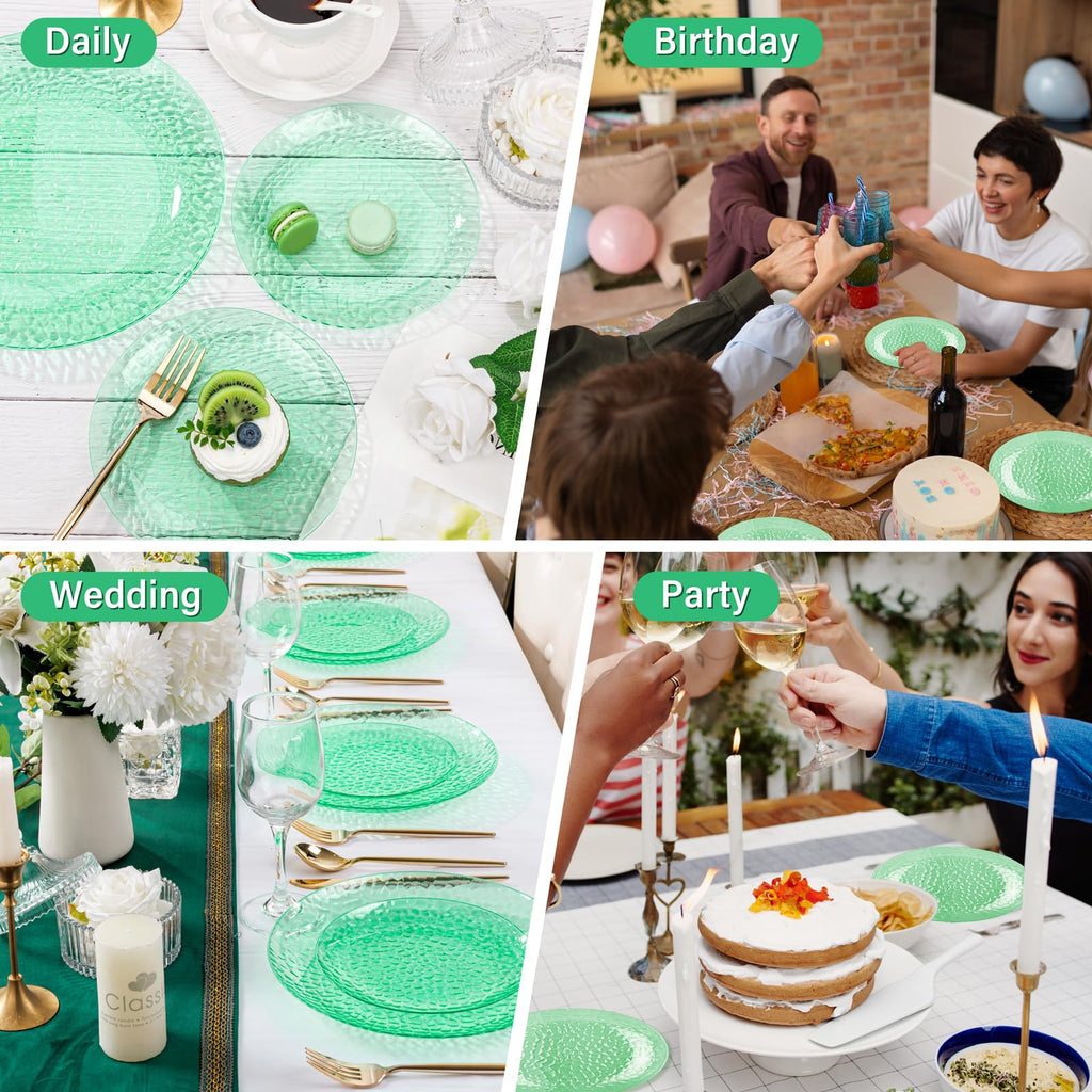 Rubtlamp 100Pcs Amber Gold Plastic Plates, Disposable Plates With Gold Rim, Heavy-duty Party Platos, Hammered Plastic Plates Include 50 Clear Dessert Plates, 50 Dinner Plates for Party
