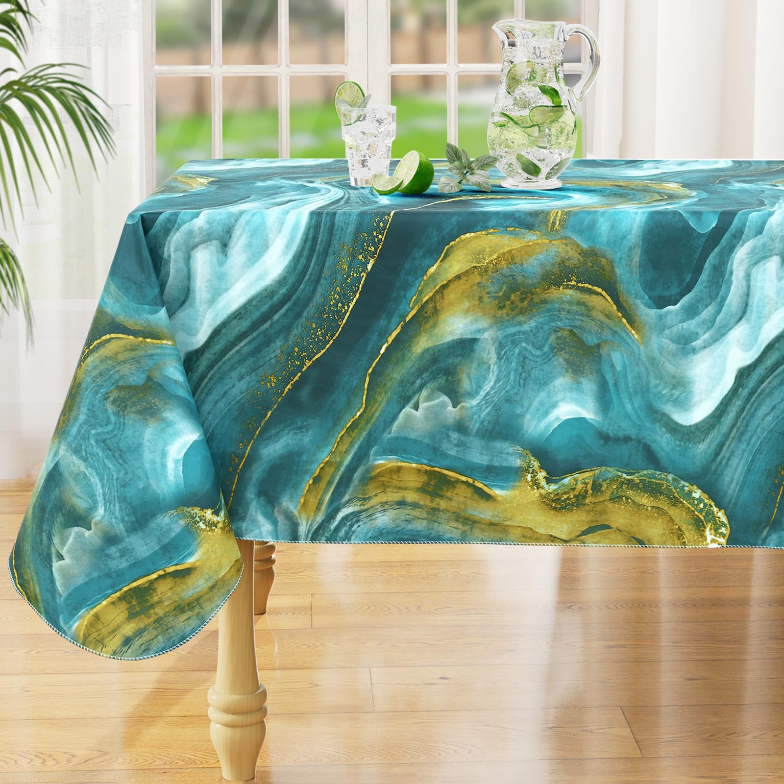 misaya Square Waterproof Vinyl Table Cloth, Wipeable Tablecloth with Flannel Backing, Plastic Table Cover for Dinner, Picnic, Indoor and Outdoor (Blue Leaves, 54" x 54")