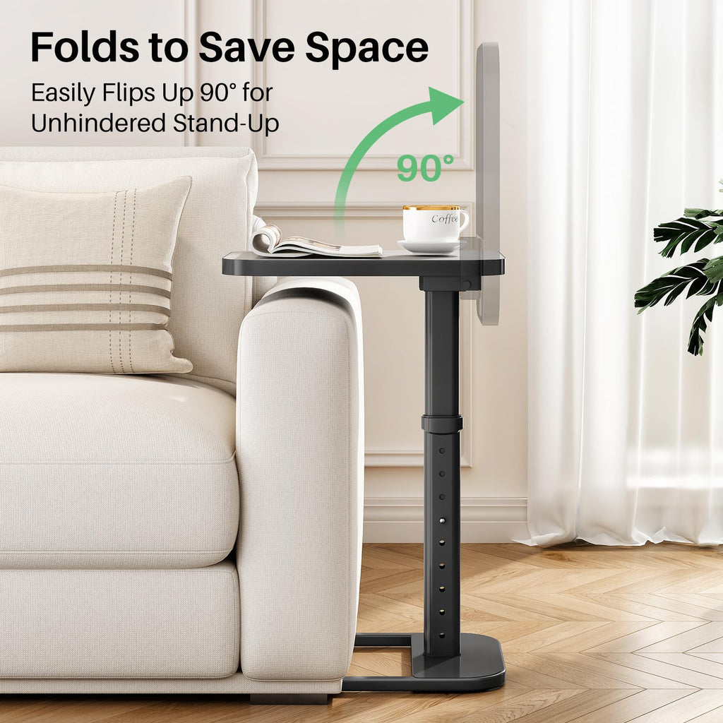 Kitstorack TV Tray Table, Adjustable Height & Rounded Metal Corners, Snack Table for Couch, Sofa, Bed, Chair, Living Room, C Shaped End Side Table for Eating, Dinner or Laptop, Small Spaces, Black