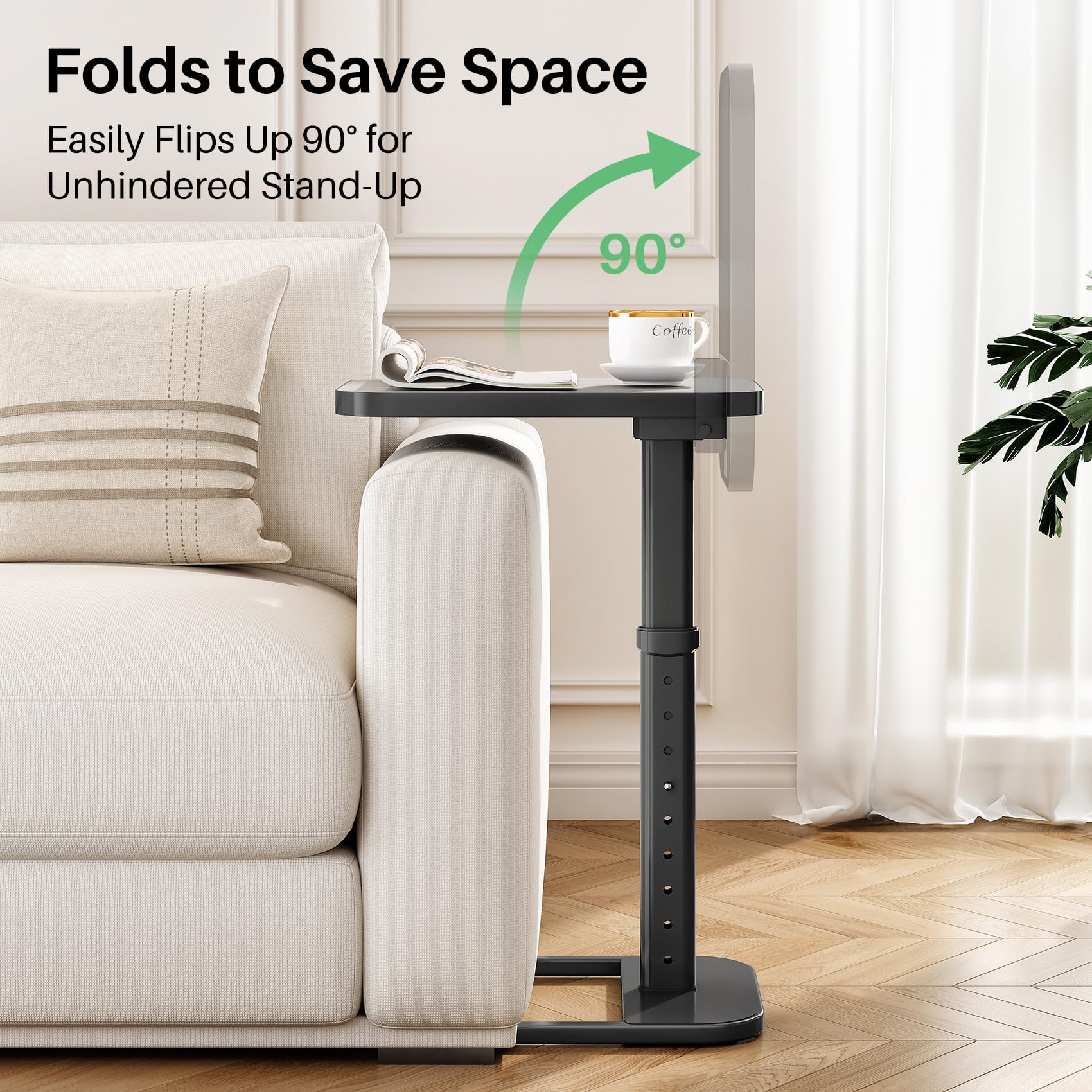 Kitstorack TV Tray Table, Adjustable Height & Rounded Metal Corners, Snack Table for Couch, Sofa, Bed, Chair, Living Room, C Shaped End Side Table for Eating, Dinner or Laptop, Small Spaces, Black