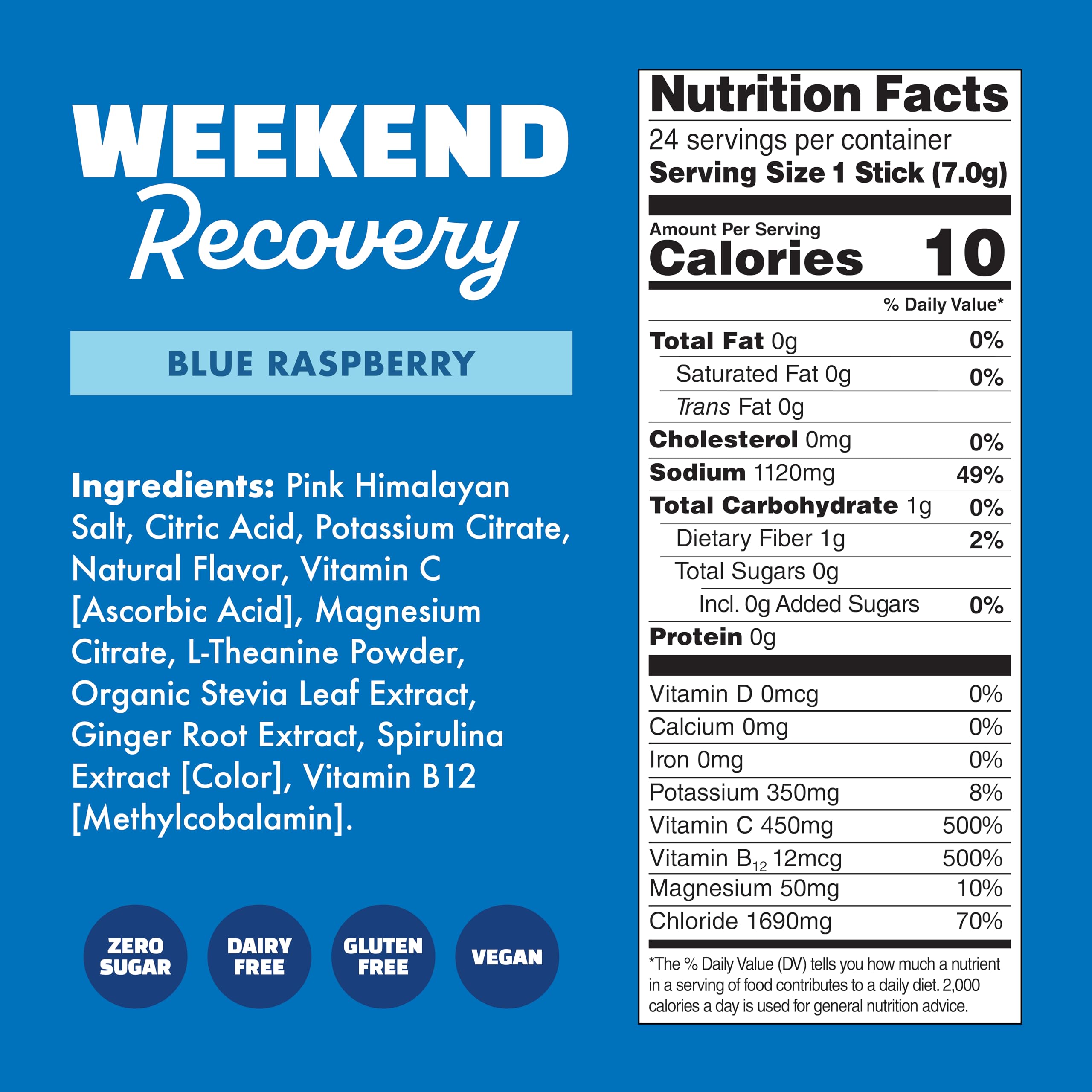 Waterboy - Weekend Recovery, Blue Raspberry, Sugar Free Electrolytes Powder Drink Mix - 24ct Hydration Packets