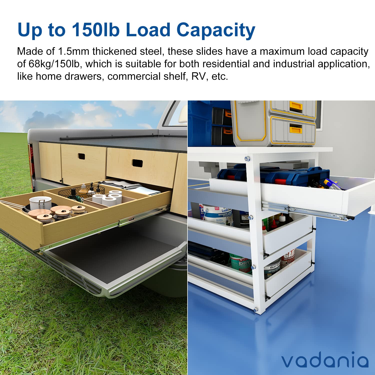 VADANIA 12" Heavy Duty Drawer Slide with Lock #D51, 150lb Load Capacity, 3-Fold Full Extension, Ball Bearing Lock-in & Lock-Out, Side Mount, 1-Pair