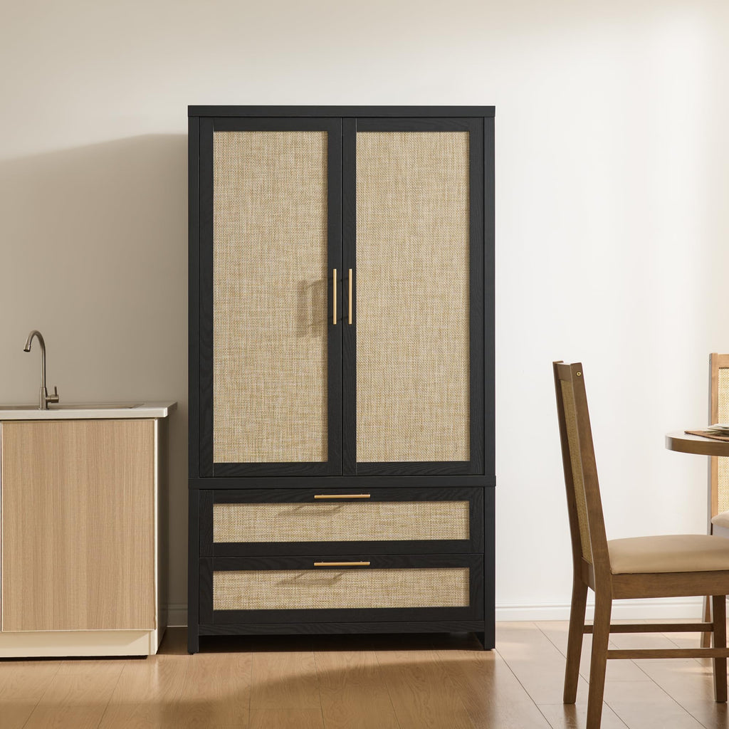 SICOTAS Rattan Armoire Wardrobe Closet Cabinet, 71" Wardrobe Storage Cabinet with Doors, 2 Drawers and Hanging Rod, Boho Large-Capacity Deep Armoire Clothes Organizer for Bedroom, Black Oak