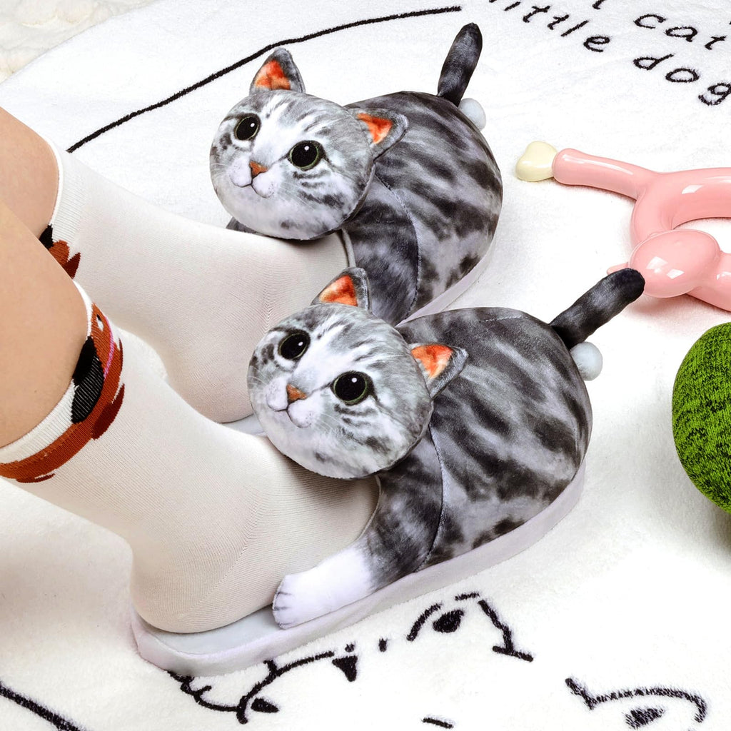 Funny Cat Slippers for Women,Fuzzy Animal Indoor House Shoes with Soft Memory Foam,Comfy Plush Warm Slip-on Slippers,Cat Gifts for Cat Lover