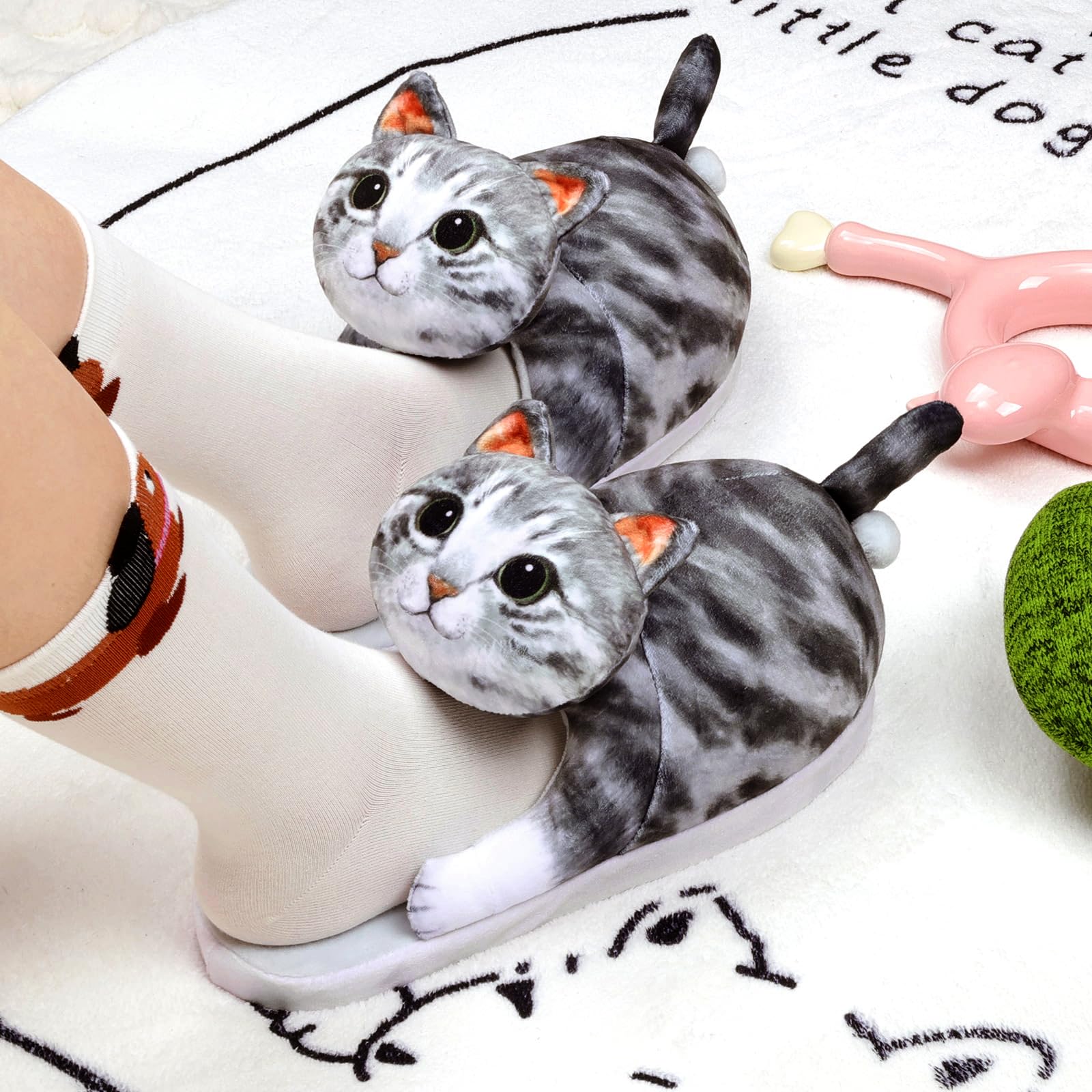 Funny Cat Slippers for Women,Fuzzy Animal Indoor House Shoes with Soft Memory Foam,Comfy Plush Warm Slip-on Slippers,Cat Gifts for Cat Lover