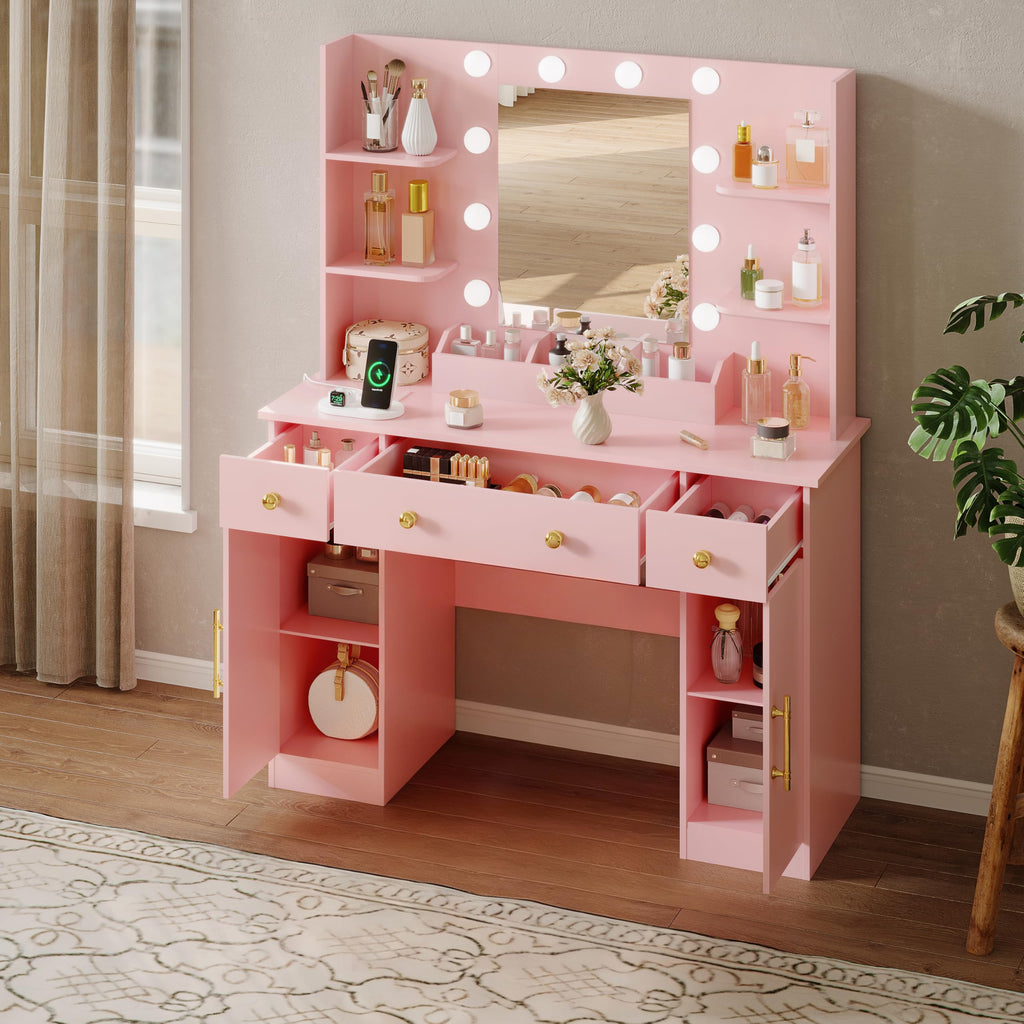 HUANLEGO Vanity Desk with Mirror and Lights, Makeup Vanity with Mirror and LED Lights & Power Outlet, 3 Drawers and Cabinets, 3 Lighting Modes Dressing Table Set for Girls Women Bedroom,Oak